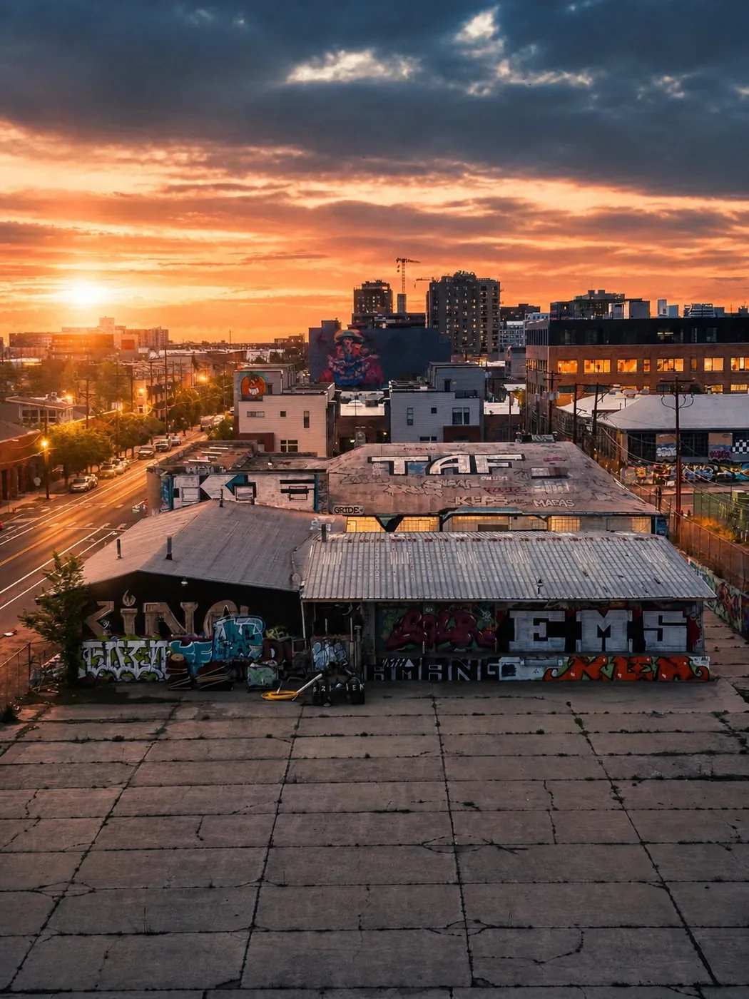 Denver RiNo arts district rooftops and street art at sunset