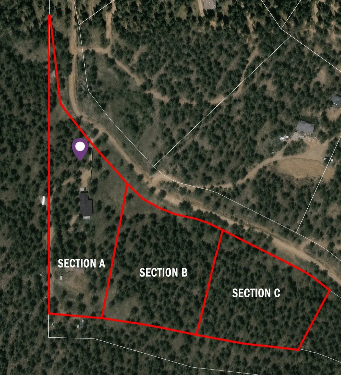 Aerial parcel map of Colorado land divided into sections A, B, and C