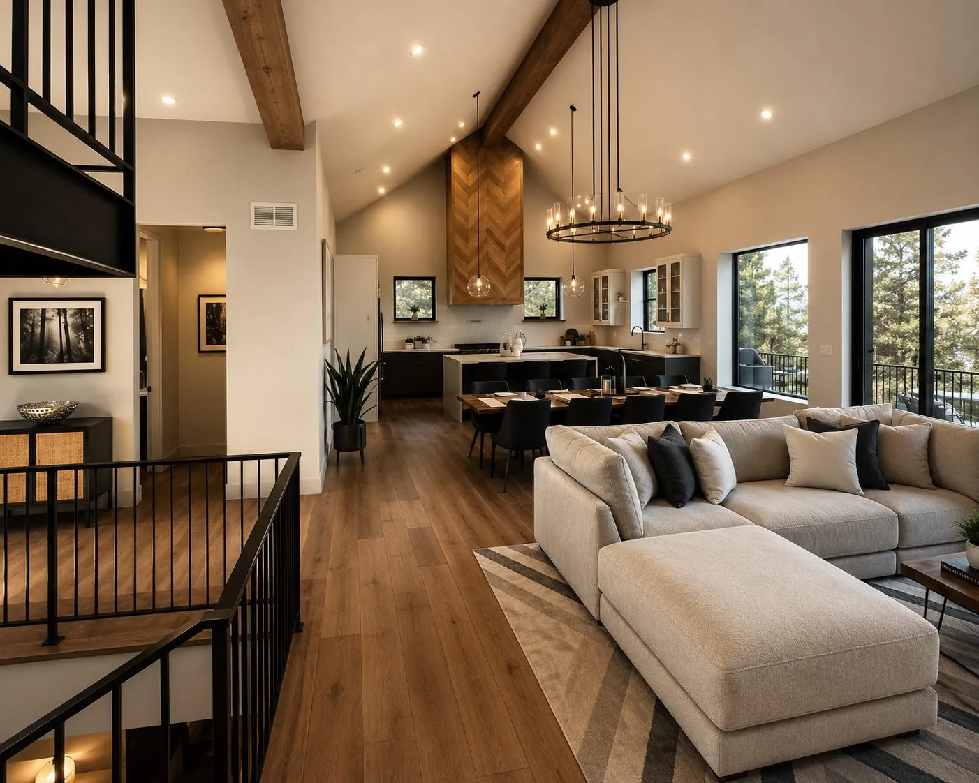 Luxury open-concept great room with vaulted ceilings and mountain views