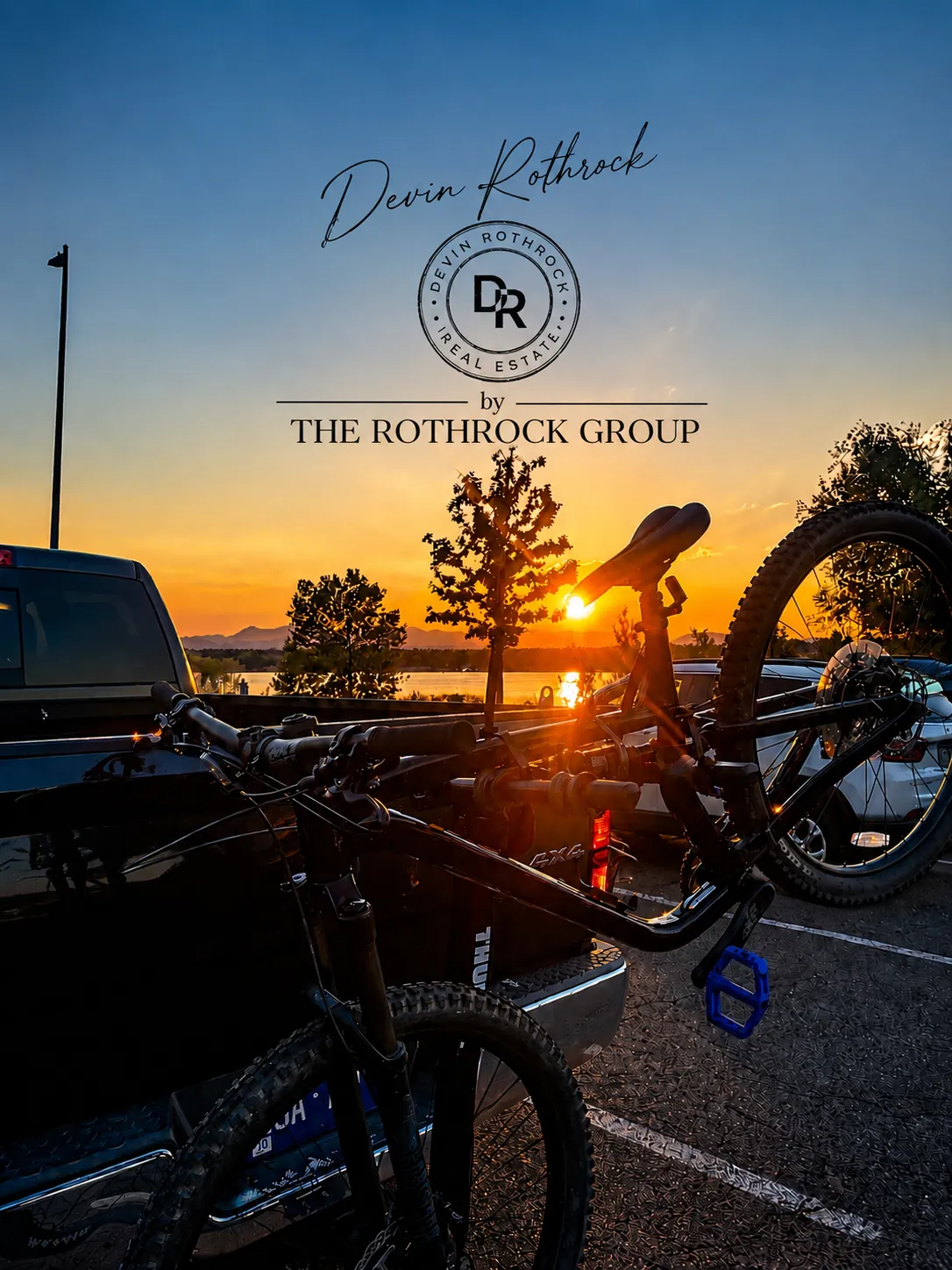 Devin Rothrock real estate brand artwork over a Colorado sunset with mountain bikes