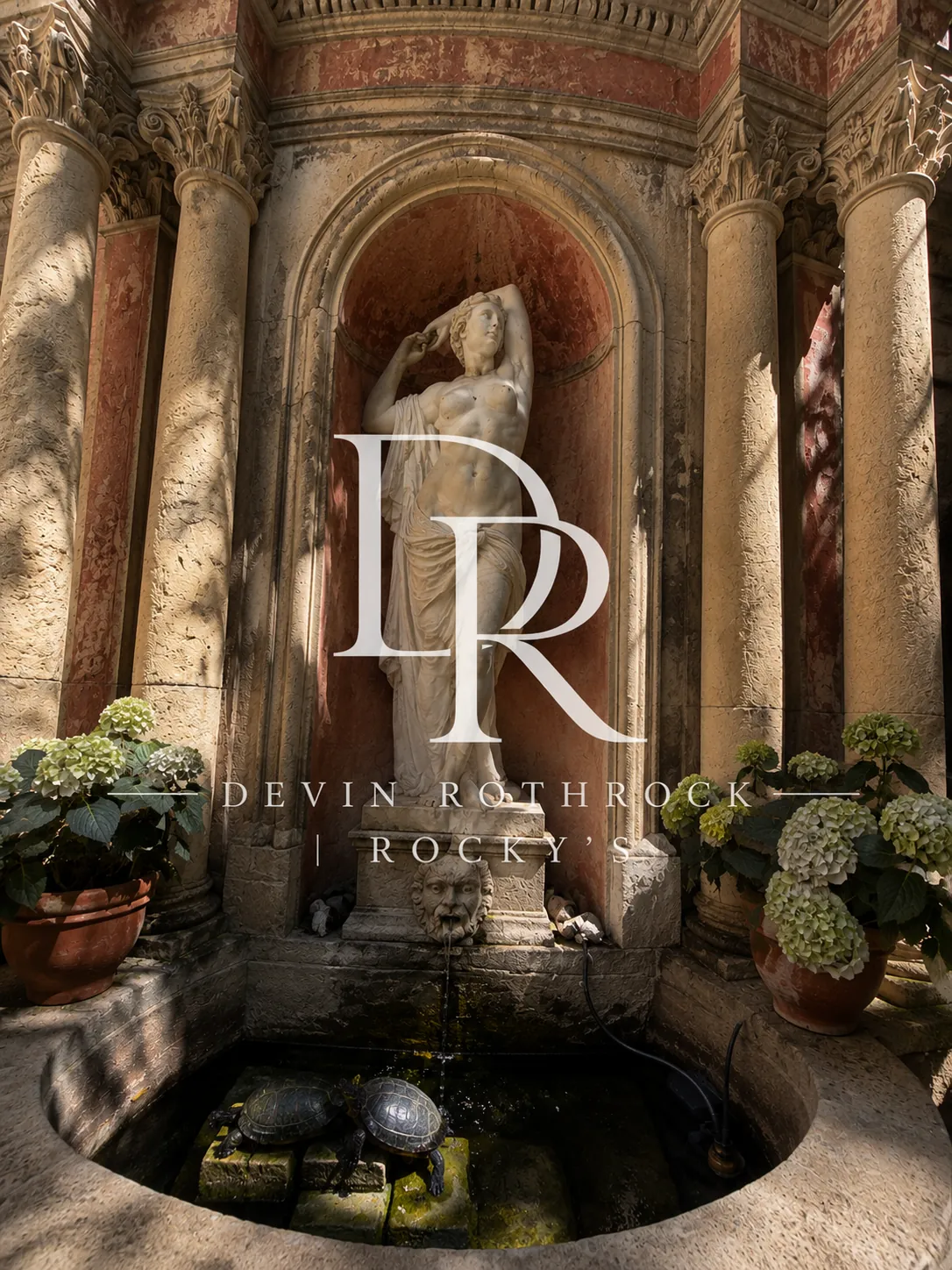 Rocky's DR brand over a classical luxury courtyard fountain
